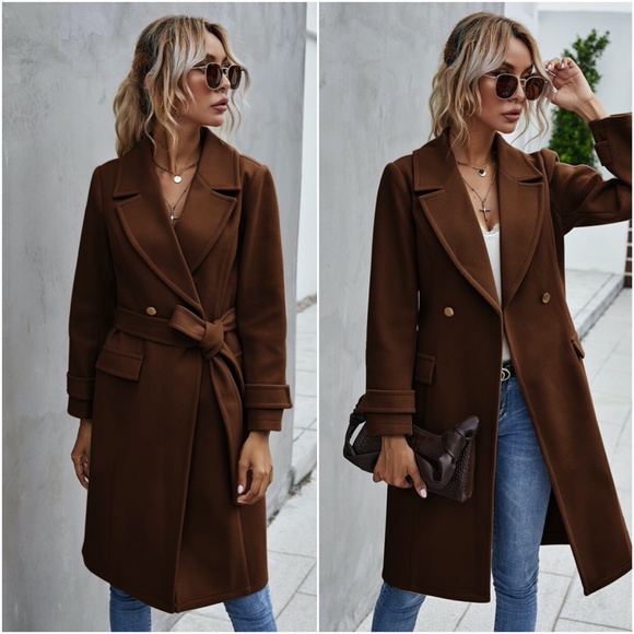 Trench Coat Double Breast Buttons belt pea coat - Picture 12 of 16